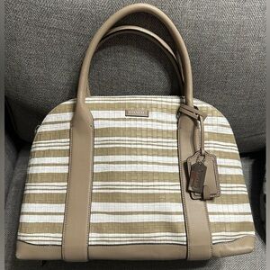 New Coach Bleeker Preston Tan White Stripe Full Zip Large Dome Leather Satchel
